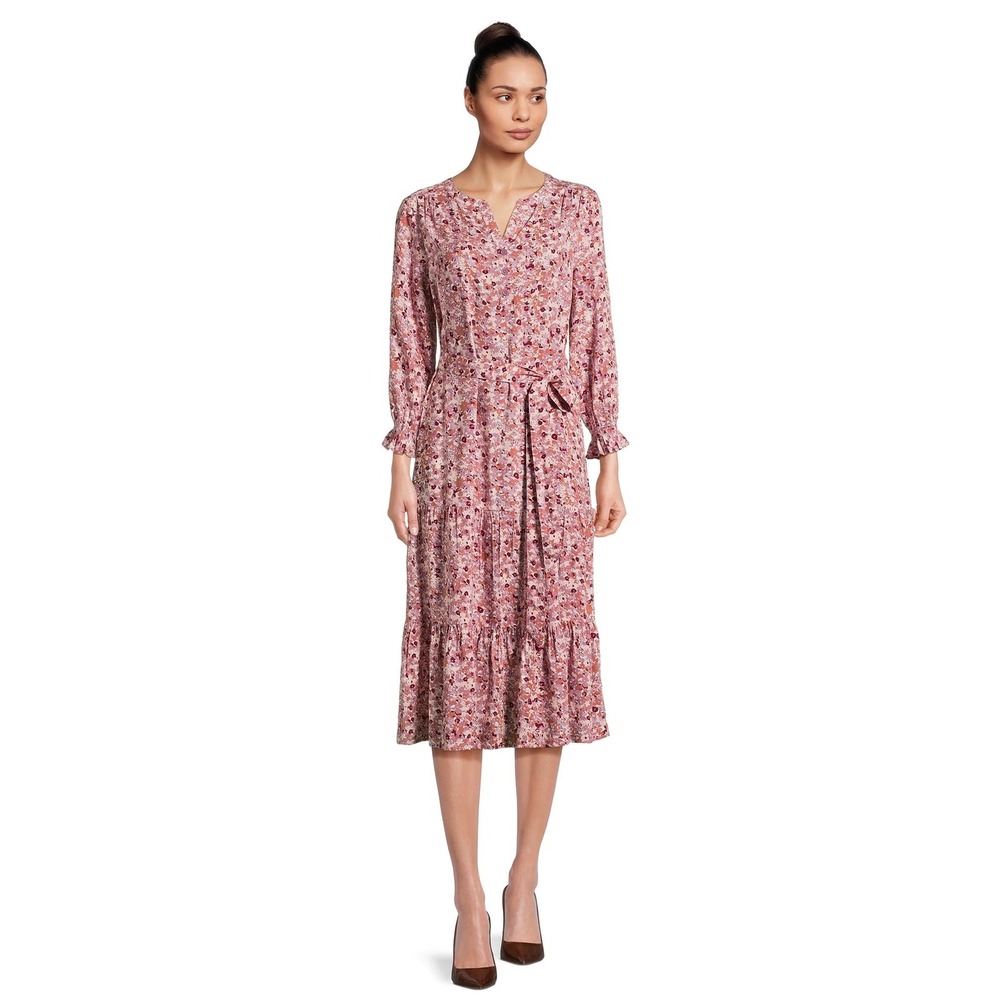 BeachLunchLounge Floral Midi Dress Tiered Belted Pink Purple Long Sleeve XL